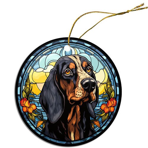 Stained glass style Christmas ornament featuring a Coonhound, showcasing vibrant colors and intricate design.